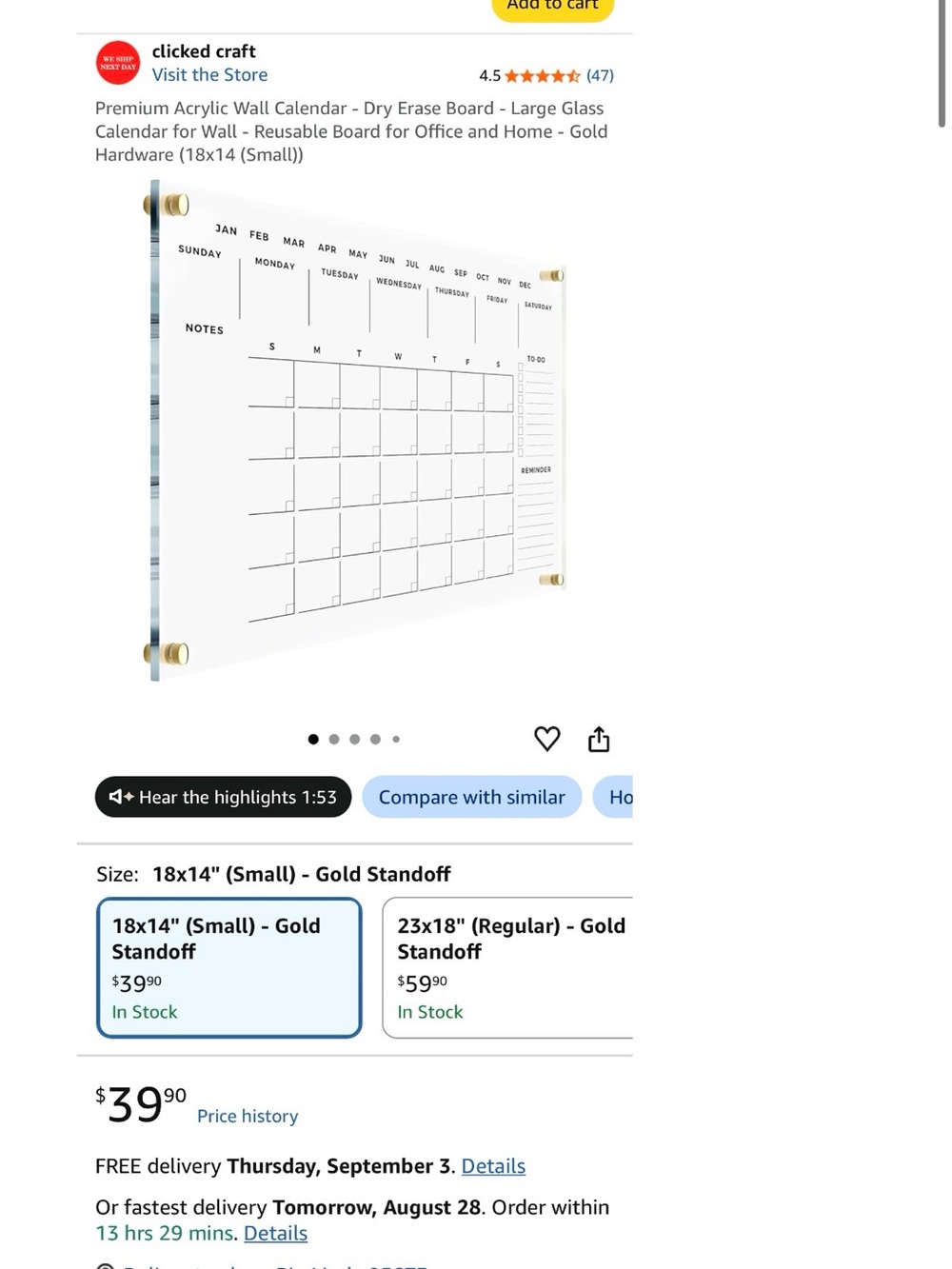 Gold Acrylic Wall Calendar Dry Erase Board